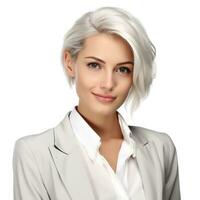 AI generated beautiful businesswoman with brown short hair, halfbody isolated. photo