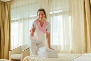 Beautiful hotel maid putting fresh and clean towels on bed in room and showing thumb up. photo