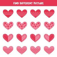 Find different pink heart in each row. Logical game for preschool kids. vector