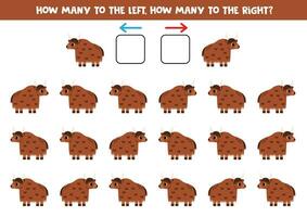 Left or right with cute cartoon brown yak. Logical worksheet for preschoolers. vector