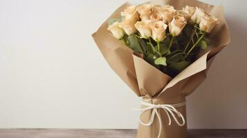 AI generated A bouquet of flowers wrapped in brown paper and tied with twine, a simple yet elegant way photo