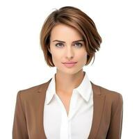 AI generated beautiful businesswoman with brown short hair, halfbody isolated. photo