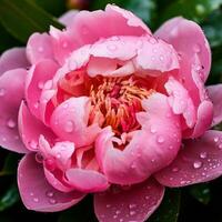 AI generated A macro shot of a pink peony with dew drops on the petals. photo