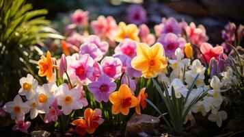 ai generado un brillante y vistoso Disparo de un jardín cama lleno con un variedad de primavera flores foto