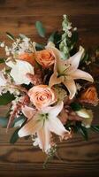 AI generated A stunning overhead shot of a floral arrangement on a wooden table, featuring a mix of roses, lilies. photo
