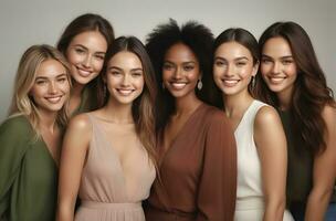 AI generated Beautiful young multiethnic women with natural makeup. Advertising for female fashion models, face and body skin care. photo