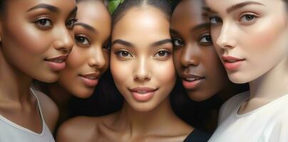 AI generated Beautiful young multiethnic women with natural makeup. Advertising for female fashion models, face and body skin care. photo