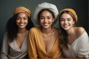 AI generated Beautiful young multiethnic women with natural makeup. Advertising for female fashion models, face and body skin care. photo