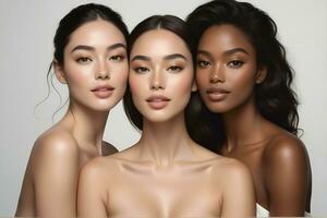 AI generated Beautiful young multiethnic women with natural makeup. Advertising for female fashion models, face and body skin care. photo