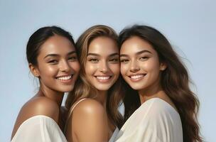 AI generated Beautiful young multiethnic women with natural makeup. Advertising for female fashion models, face and body skin care. photo