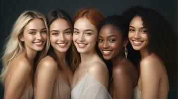 AI generated Beautiful young multiethnic women with natural makeup. Advertising for female fashion models, face and body skin care. photo