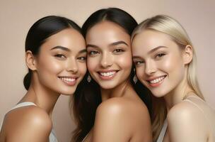 AI generated Beautiful young multiethnic women with natural makeup. Advertising for female fashion models, face and body skin care. photo