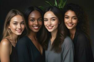 AI generated Beautiful young multiethnic women with natural makeup. Advertising for female fashion models, face and body skin care. photo