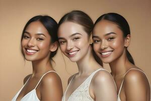 AI generated Beautiful young multiethnic women with natural makeup. Advertising for female fashion models, face and body skin care. photo