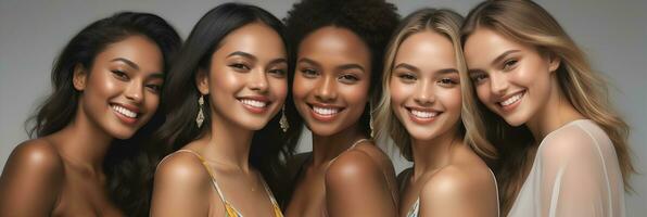 AI generated Beautiful young multiethnic women with natural makeup. Advertising for female fashion models, face and body skin care. photo