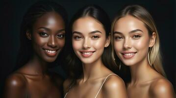 AI generated Beautiful young multiethnic women with natural makeup. Advertising for female fashion models, face and body skin care. photo