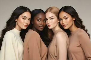 AI generated Beautiful young multiethnic women with natural makeup. Advertising for female fashion models, face and body skin care. photo