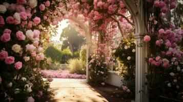 AI generated picturesque garden featuring a white trellis archway covered in blooming pink roses photo