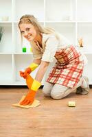 Cheerful housewife cleaning photo