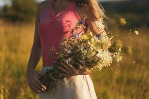 Woman holding bouquet of flowers and enjoys in the nature.Focus on flowers. photo