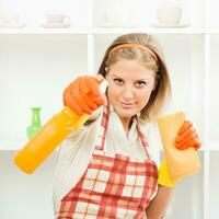 Cheerful housewife cleaning photo