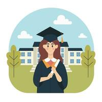 Girl with a Diploma in her hands in a Graduation Suit and Graduation Cap against the background of the University vector