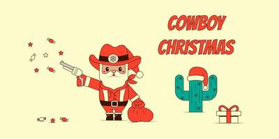 hola Papa Noel claus vaquero vector ilustración en retro ranura estilo. Navidad saludo tarjeta. cactus en un rojo fiesta sombrero