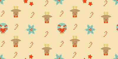 Seamless pattern with Christmas elements. Repeatable pattern design for winter holidays in retro style. For wrapping paper, wallpaper, textile, poster background. Vector illustration.