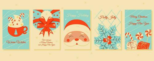 Set of Christmas and New Year posters and greeting cards in retro style. vector