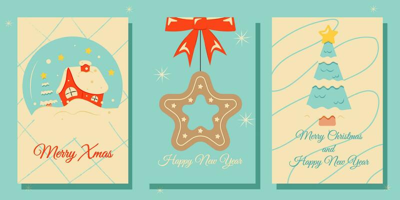 Set of Christmas and New Year posters and greeting cards in retro style.