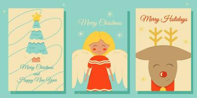 Set of Christmas and New Year posters and greeting cards in retro style. vector