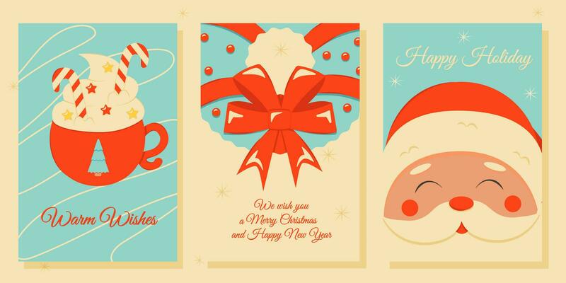 Set of Christmas and New Year posters and greeting cards in retro style.
