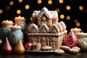 AI generated Assortment of christmas cookies framing gingerbread house, xmas images photo