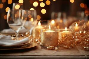 AI generated Candles and string lights illuminate the table, christmas picture photo