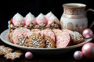 ai generado cerca arriba Disparo de pan de jengibre casa galletas en un Clásico bandeja creando un caprichoso escena con miniatura fiesta cifras y accesorios, Navidad imágenes foto