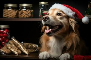 AI generated Christmas dog in santa hat excited over treats, xmas images photo