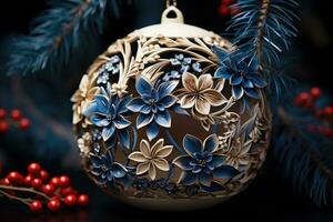 AI generated Handcrafted ceramic ornament with festive foliage, xmas images photo