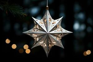 AI generated Snowflake showcase exquisite design in a single ornament, christmas background photo