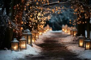 AI generated Inviting path illuminated by glowing lanterns, christmas wallpaper photo