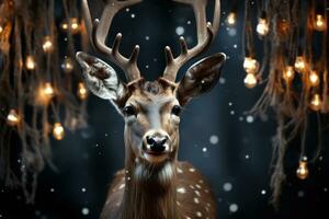 AI generated A charming reindeer with jingling silver bells enhances the holiday spirit, christmas background photo