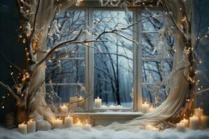 AI generated Charming window display with snowy branches, christmas background photo