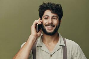 Man portrait isolated technology phone adult young talking caucasian lifestyle holding communication photo