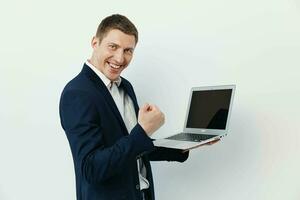 Using shirt working handsome men laptop executive guy men job notebook suit success smart confident photo