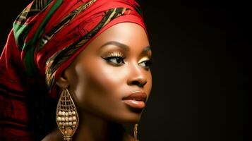 AI generated Serene African American Woman in Vibrant Headwrap and Statement Earrings photo