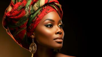 ai generado elegante africano americano mujer en tradicional envoltura de la cabeza foto