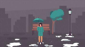 A Woman Standing With An Umbrella On A Rainy Autumn Day video