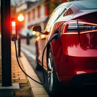 ai generado eléctrico coche cargando eléctrico vehículo. ev coche recargas batería energía a cargando estación foto