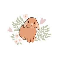 Easter bunny, cute baby rabbit with floral branch. Beige spring cottagecore farm animal isolated element. Sweet vector illustration with naive bunny for cards, greeting, poster design, print.
