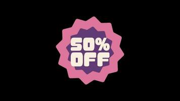 Animation of 50 percent discount offer 50 percent off animation isolated on black background. video