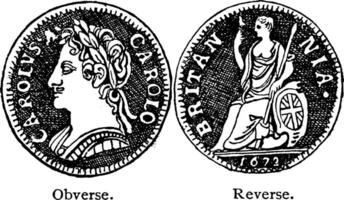 Obverse and Reverse Sides of Farthing of Charles II, vintage illustration. vector